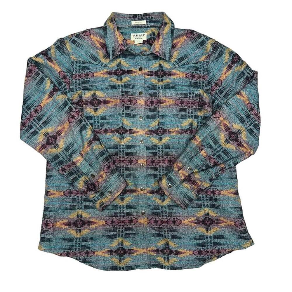 Ariat Real Aztec Print Western Shirt Size L/G Blue women’s button down sweater